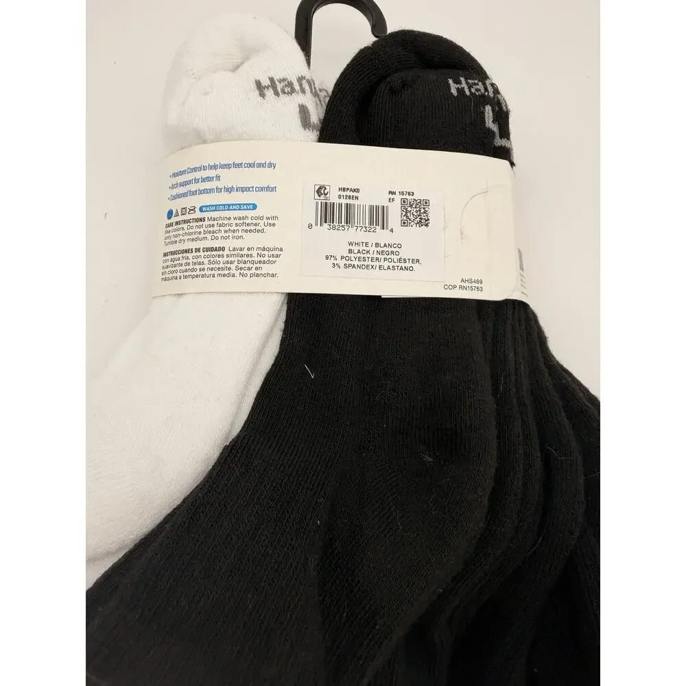 Hanes Boys Ankle Socks 10 Pack Black White Size L 3-9 Cushioned NWT